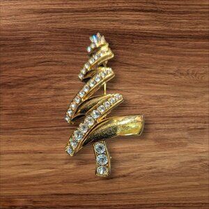 Monet Gold-Tone Christmas Tree Brooch With Clear Rhinestones Festive Spiral  3"